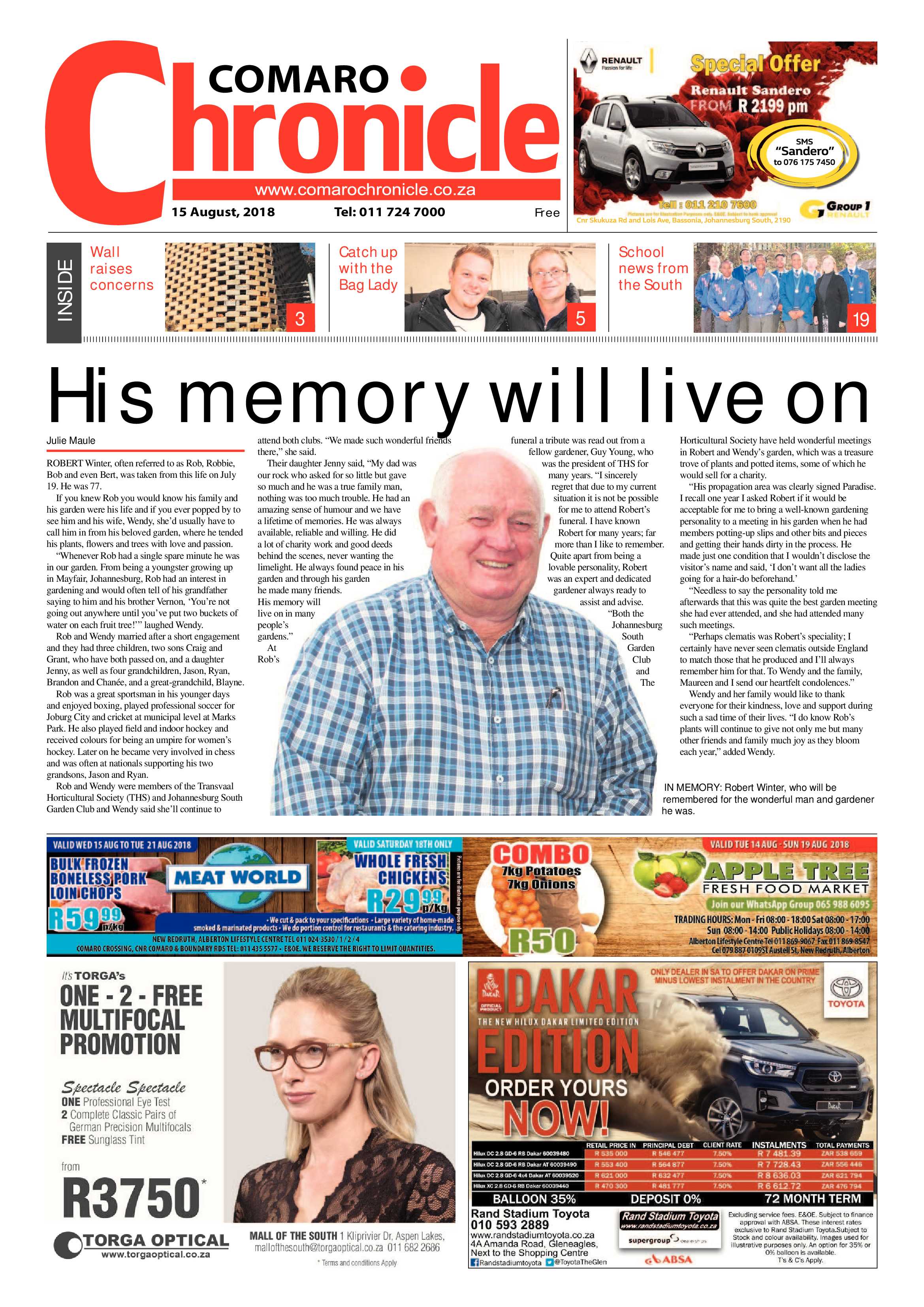 Comaro Chronicle 15 August 2018 page 1