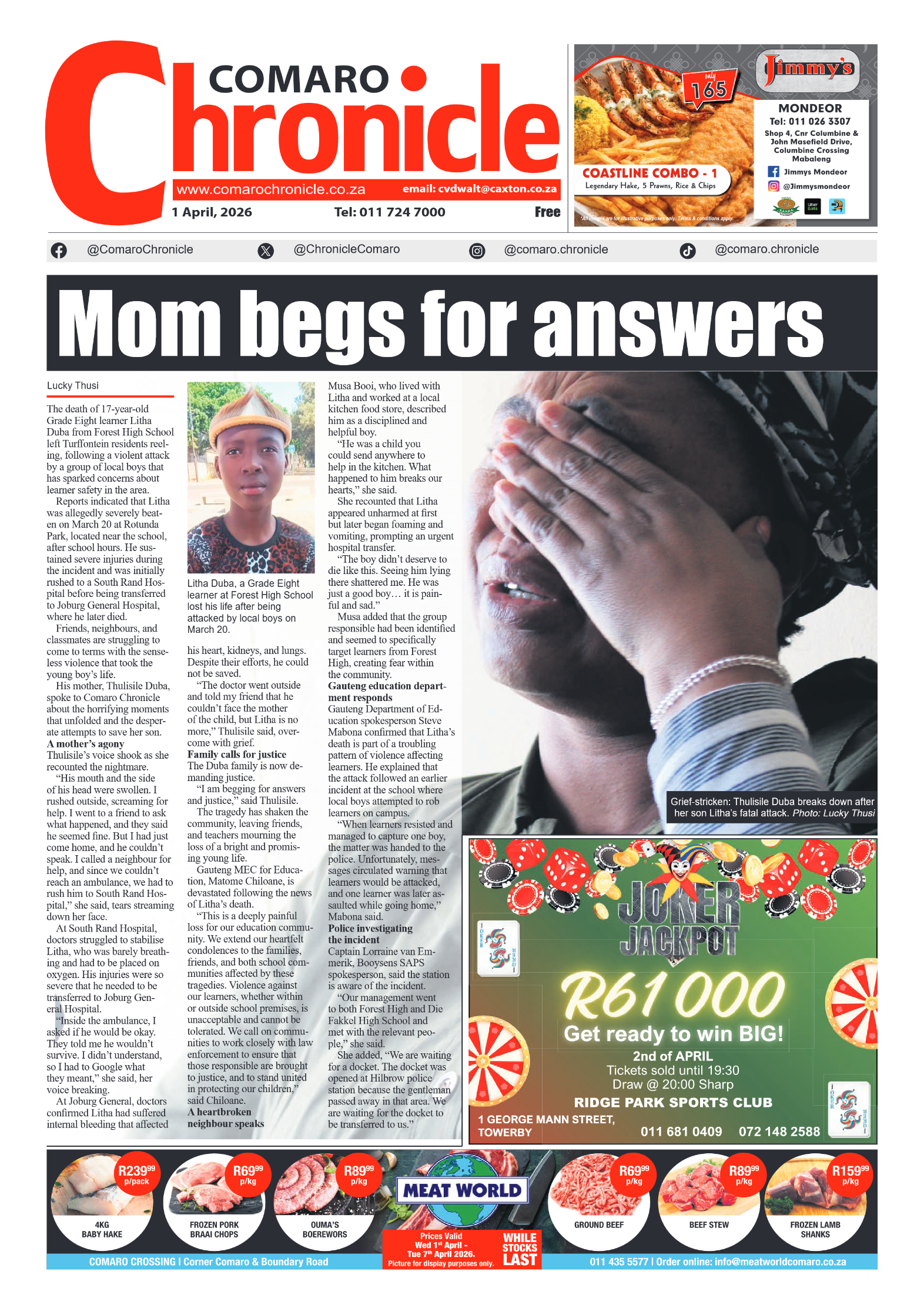 Comaro Chronicle 1 April 2026 page 1