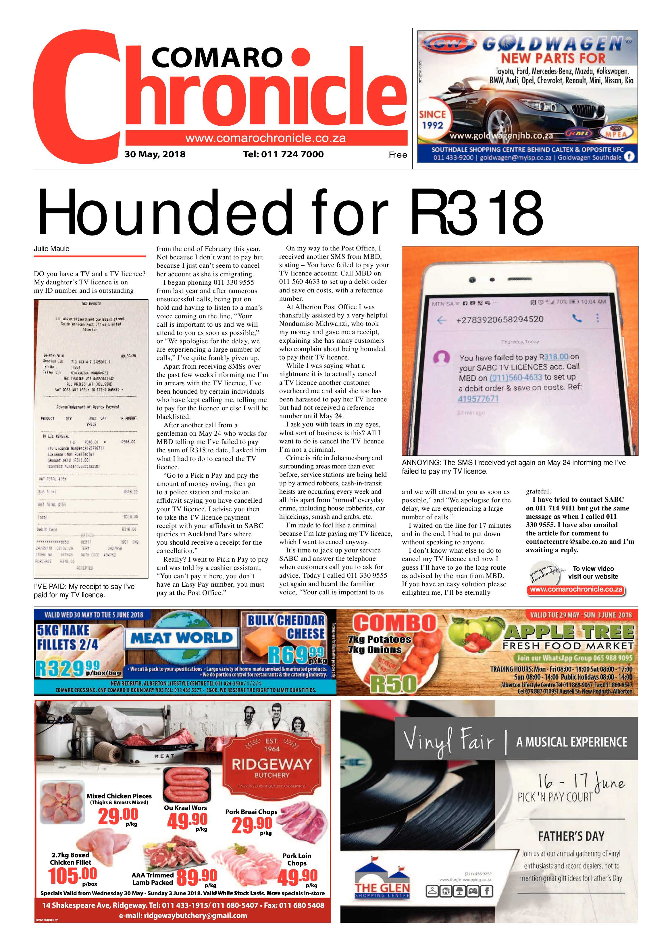 Comaro Chronicle 30 May 2018 page 1